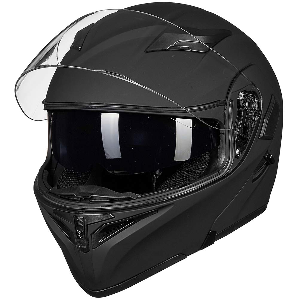 ILM Motorcycle Dual Visor Flip up Modular Full Face Helmet DOT LED Light Model 902Ls (L, Matte Black - LED)