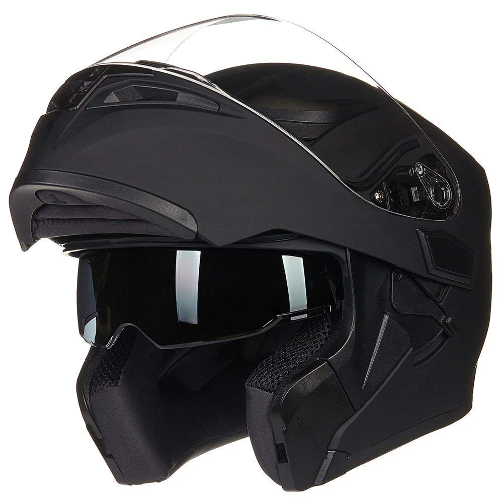 ILM Motorcycle Dual Visor Flip up Modular Full Face Helmet DOT LED Light Model 902Ls (L, Matte Black - LED)